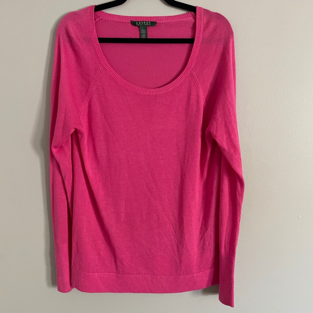 Lauren Ralph Lauren Pink Silk Linen Blend Button Cuff‎ Scoop Neck Sweater Large